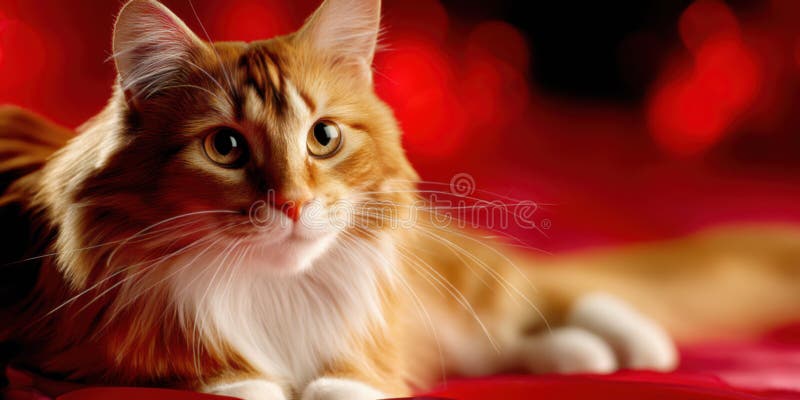 En elegant gulaktig katt ligger på guldsilke med röd bakgrund vektor illustrationer