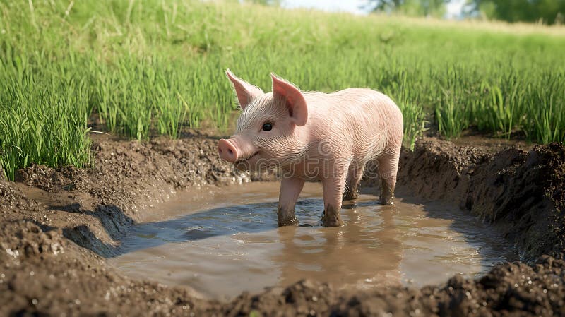 En enda innehållsgris som står i en liten fuktig pool med pälsskinn som ser fuktig och rörig ut när den utforskar sin miljö royaltyfri illustrationer
