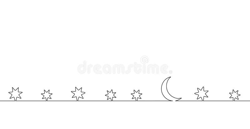 Single continuous one line art moon night. Sleep wall stars sky concept design sketch. Relax recreation starry evening holiday outline drawing vector illustration. Single continuous one line art moon night. Sleep wall stars sky concept design sketch. Relax recreation starry evening holiday outline drawing vector illustration.