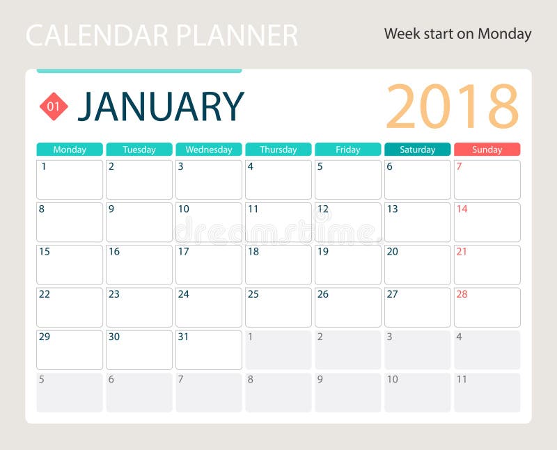 en enero de 2018, el calendario o el planificador del escritorio, semanas del vector del ejemplo comienza el lunes stock de ilustración en enero de 2018, el calendario o el planificador del escritorio, semanas del vector del ejemplo comienza el lunes stock de ilustración