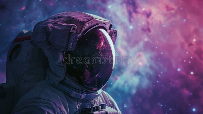 En ensam astronaut i en rymdesuit observerar den färgstarka, svältfyllda expansionen av en nebuli i djupt yttre utrymme arkivfoto