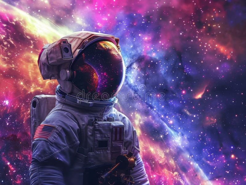 En ensam astronaut i en rymdesuit observerar den färgstarka, svältfyllda expansionen av en nebuli i djupt yttre utrymme royaltyfria bilder