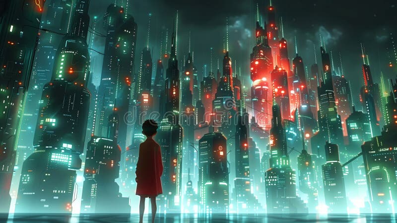 En ensam figur står framför ett besprutande nybelyst cityslam som fångar kärnan i en futuristisk storpolis under en vektor illustrationer