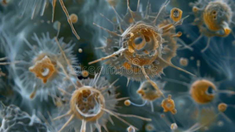 En esta imagen microscópica, un grupo de ciliados luchan contra ella con sus impresionantes mecanismos de defensa a plena vista