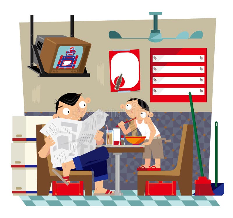 En fader och en son som tar mål inom en liten lokal Hong, Kong-utformade kafét stock illustrationer