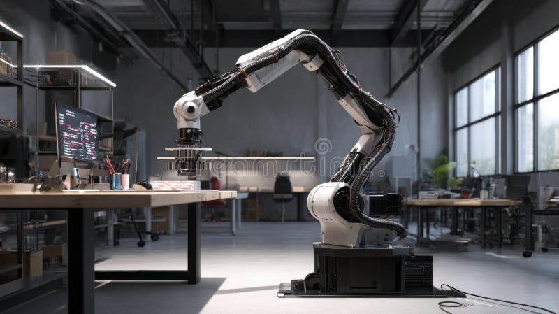 En fantastisk bild av robotarmen i en 3D-tryckfabrik som sätter samman komplexa prototyper med AI-precision royaltyfri bild
