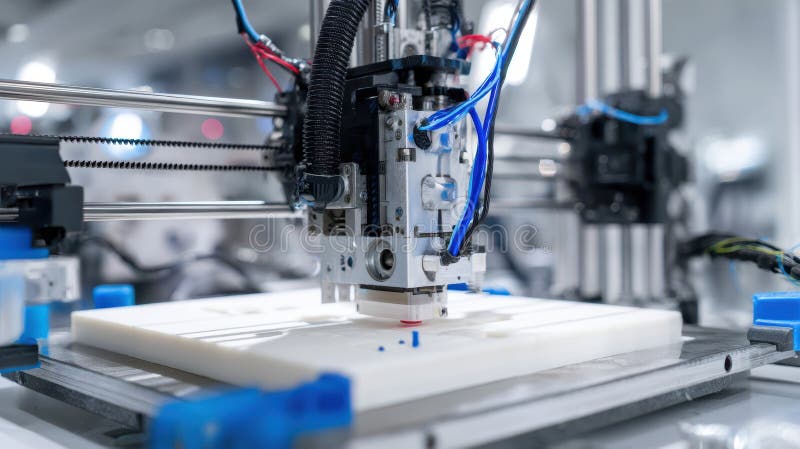 En fantastisk bild av robotarmen i en 3D-tryckfabrik som sätter samman komplexa prototyper med AI-precision arkivbild