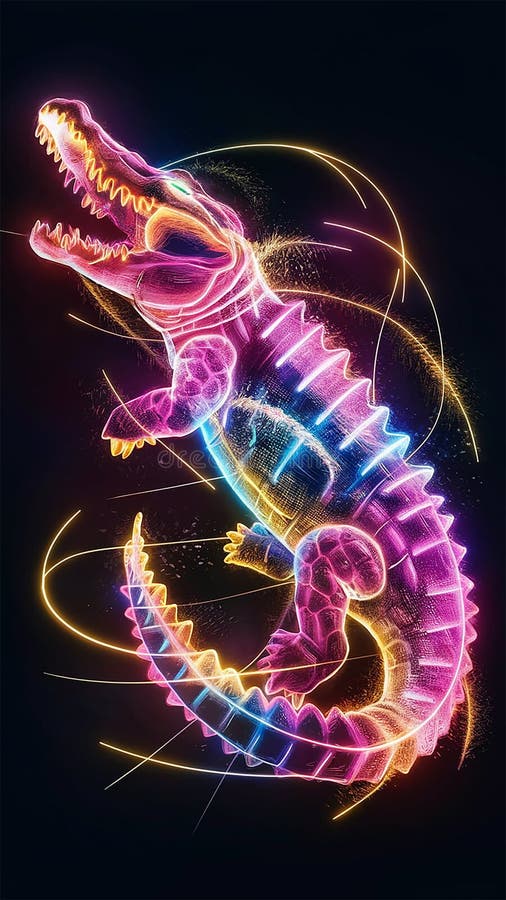 En fantastisk 3d-laserexploderad hologramdesign som visar en levande nyfärgad krokodil. krokodilen försedd med en mesmerierande blandning av pinkar, purpler, blues och gula avger en elektrifierande glöd mot den mörka bakgrunden. Expertanvändningen av ljus och skugga ger figuren en känsla av djup och dimension, medan de omgivande partiklar och ljusströmmar förstärker dess dynamiska och världsliga närvaro. Genom denna visuellt gripna sammansättning sammanfogas naturalistiska djurelement med framtidsininspirerad digitaltetik