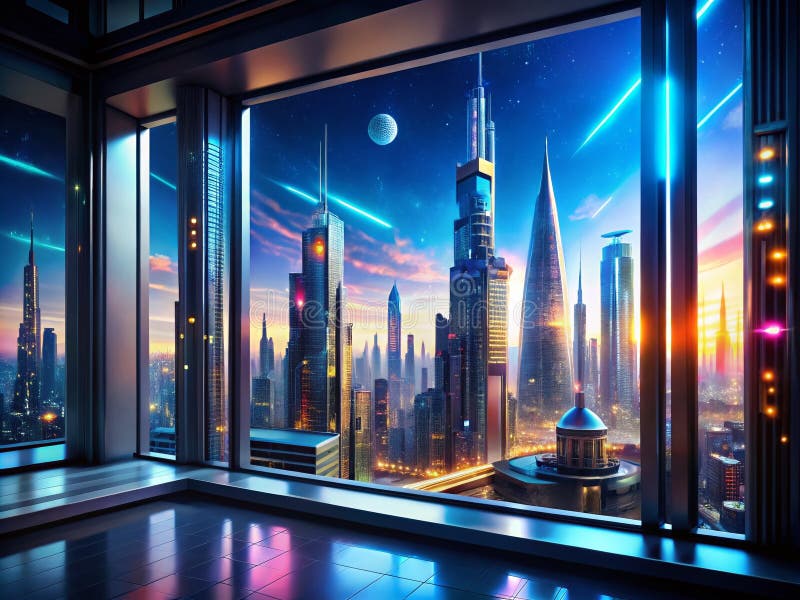 En fantastisk SciFi Architectural Vista-bakgrunden med omfångsrika skrivbordsunderlägg med futuristiska Skyscrapers och Advanced royaltyfri illustrationer