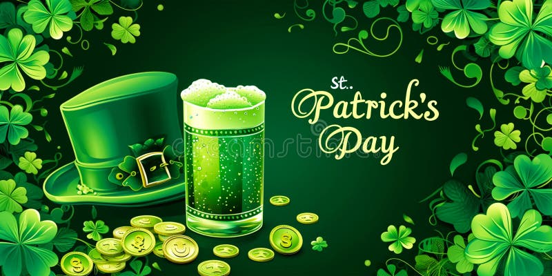 En festiv banderoll med en illustration i form av en grön bakgrund som avger en hatt av irish ale, och royaltyfri illustrationer