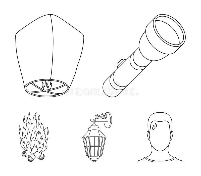 En ficklampa, en luftlykta, en lykta på väggen, en brasa För uppsättningsamling för ljus källa symboler i översikt utformar vekto royaltyfri illustrationer