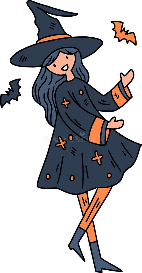 En flicka i en häxkostumma vektor illustrationer