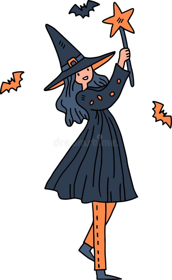 En flicka i en häxkostym håller ett streck och ler vektor illustrationer
