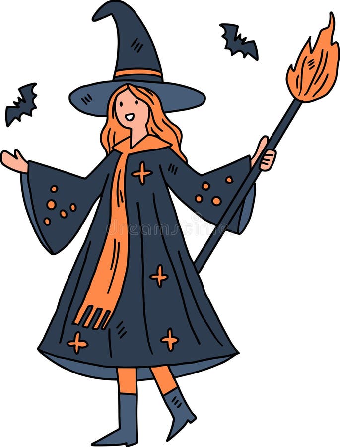 En flicka i en häxkostym håller ett streck och ler vektor illustrationer