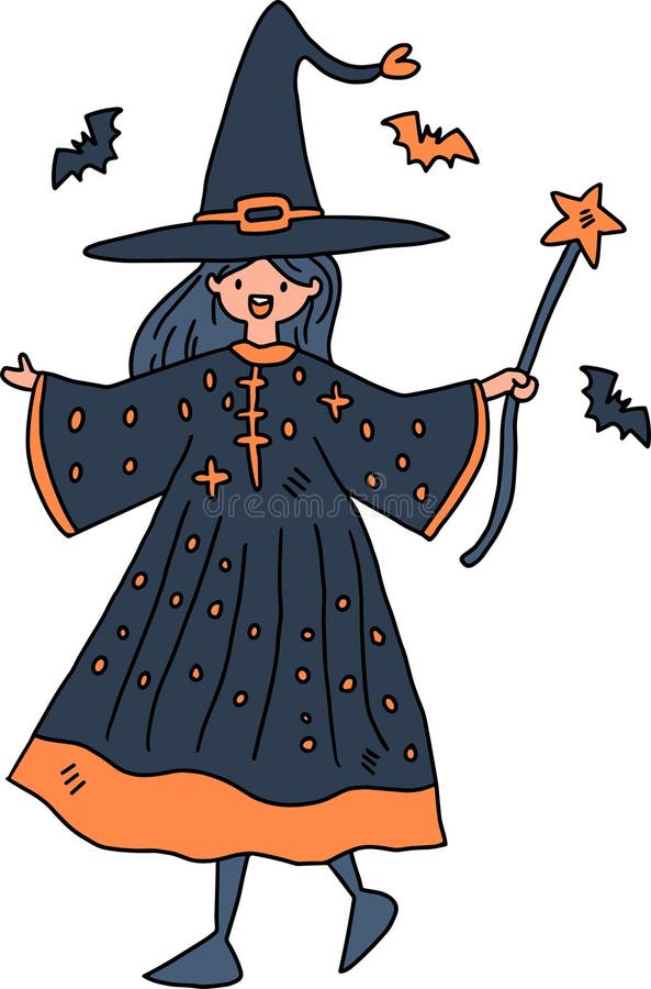 En flicka i en häxkostym håller ett streck och ler royaltyfri illustrationer