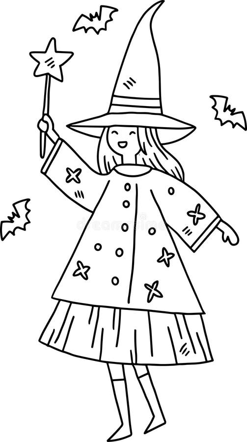 En flicka i en häxkostym håller ett streck och ler vektor illustrationer