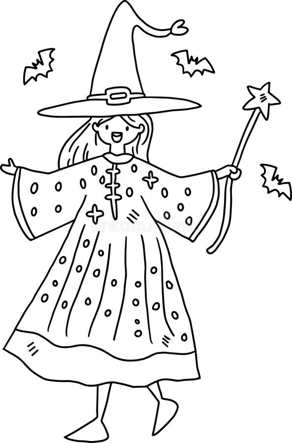 En flicka i en häxkostym håller ett streck och ler stock illustrationer