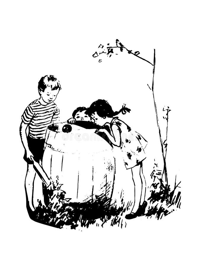 En flicka i en klänning och två pojkar i kortslutningar och enskjorta blick i en trumma stock illustrationer En flicka i en klänning och två pojkar i kortslutningar och enskjorta blick i en trumma stock illustrationer