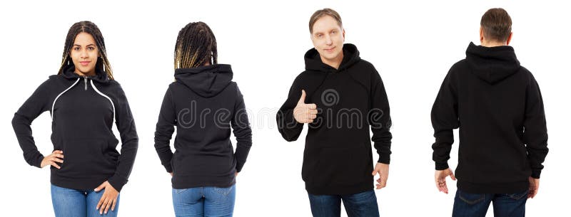 En flicka i en svart tröja med en huv och en man i en tröjaframdel och som isolerar tillbaka, tom hoodiemodell arkivfoton En flicka i en svart tröja med en huv och en man i en tröjaframdel och som isolerar tillbaka, tom hoodiemodell arkivfoton
