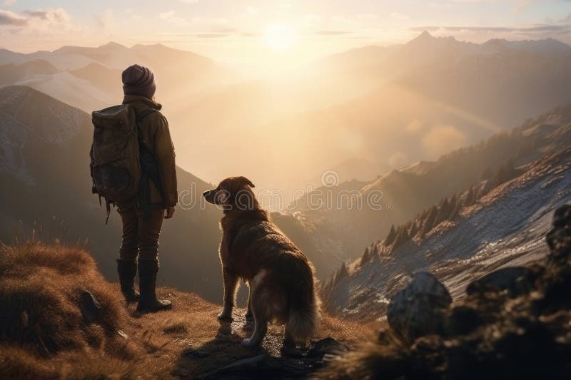 En flicka med en hund står ovanpå ett berg och beundrar den stigande solen stock illustrationer