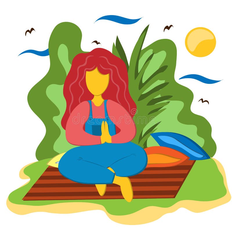 En flicka sitter i en lotusblommaposition och en övningsyoga på en filt i trädgården Illustration i plan stil stock illustrationer En flicka sitter i en lotusblommaposition och en övningsyoga på en filt i trädgården Illustration i plan stil stock illustrationer
