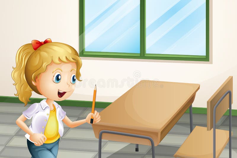 En flicka som rymmer en blyertspenna inom klassrumet vektor illustrationer En flicka som rymmer en blyertspenna inom klassrumet vektor illustrationer