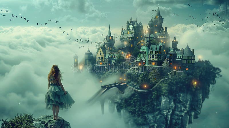 En flicka som tittar på en flytande stad i molnen royaltyfri illustrationer