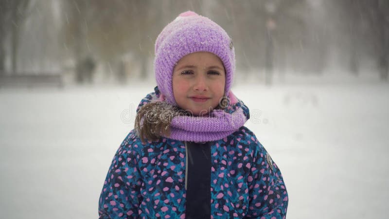 A girl stands in a park in winter and brushes off snowflakes. A girl in a jacket and hat stands under heavy snowfall and looks at the camera. 4k. A girl stands in a park in winter and brushes off snowflakes. A girl in a jacket and hat stands under heavy snowfall and looks at the camera. 4k