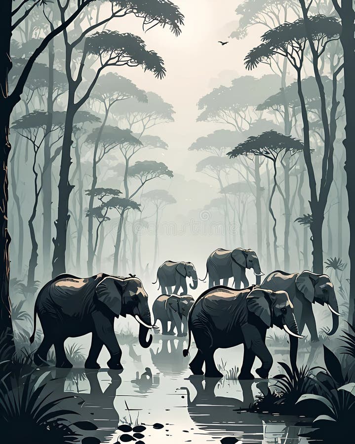 En flod av elefanter som på ett skonsamt sätt färdas genom ett friskt skogslandskap. royaltyfri illustrationer