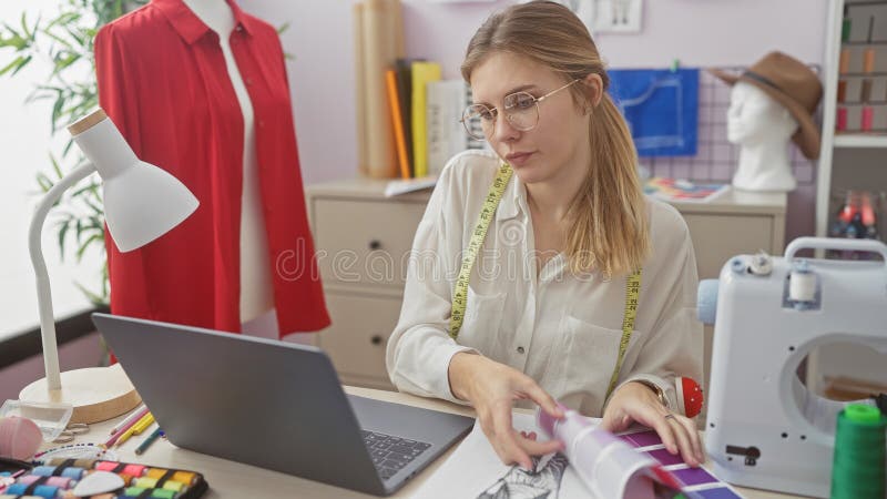 En fokuserad ung kvinna undersöker textilfärgrutor i en välutrustad skräddarsydd butik som belyser kreativiteten i modedesign royaltyfri foto