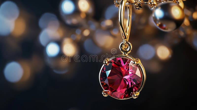 En fotorealistisk nedläggning av en elegant guldring med en farlig ruby-gemstone fotografering för bildbyråer