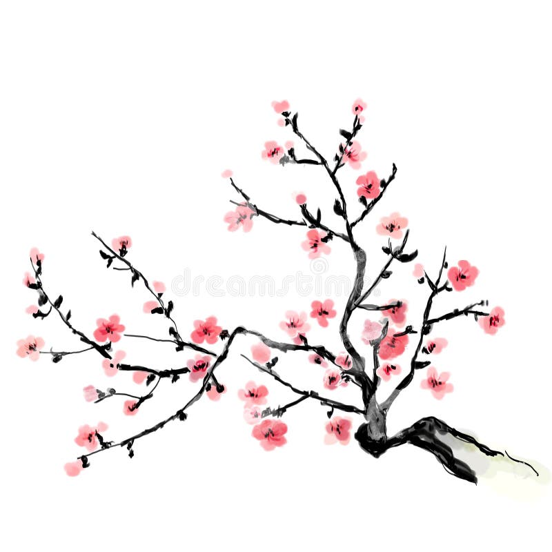 En frodas filial av körsbäret, målning Japansk konst Bitmapillustration vektor illustrationer