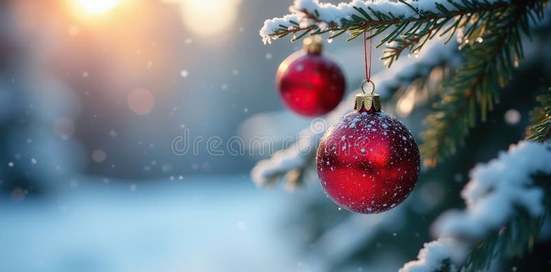 En frostig morgonscen med glittade röda julprydnader hängande från en grå snö-spark från en trädgren vektor illustrationer