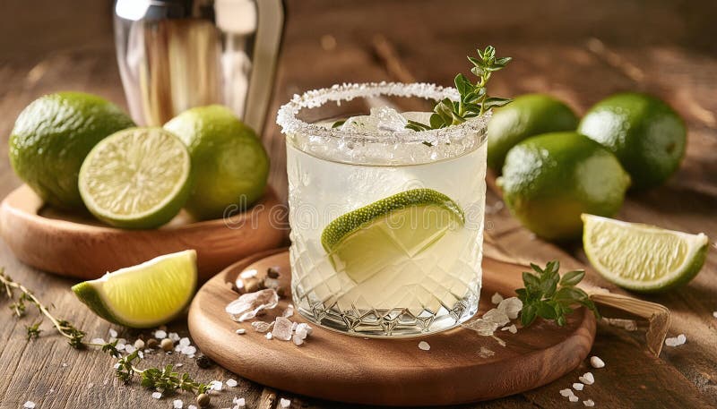 En fräschande kalkcocktail på en träbräda med en saltad fälg. Generativ AI vektor illustrationer