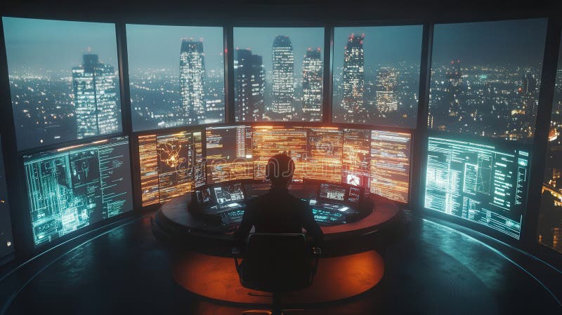 En futuristisk person sitter på ett kontrollcentrum som bortser från ett vibrerande belyst citysskum nattetid. Framtiden är ljus o arkivfoton