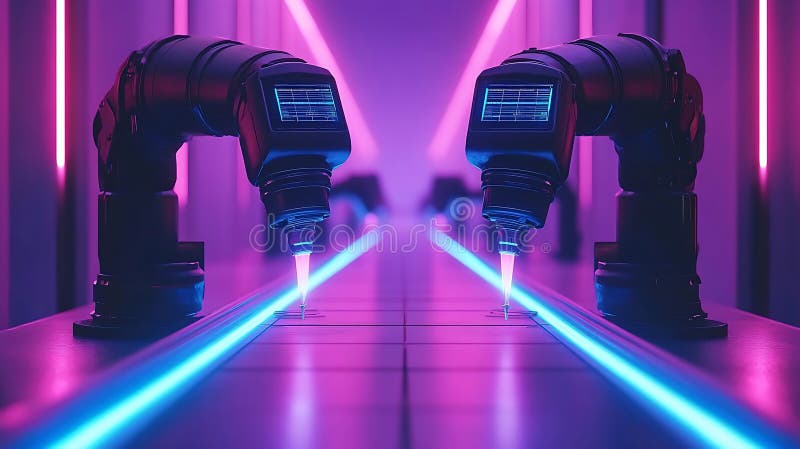En futuristisk smart fabrik med avancerade robotrustningsprodukter på ett högteknologiskt transportband belyst med blå neon royaltyfri bild