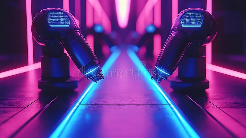 En futuristisk smart fabrik med avancerade robotrustningsprodukter på ett högteknologiskt transportband belyst med blå neon royaltyfri fotografi