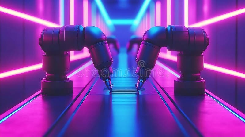 En futuristisk smart fabrik med avancerade robotrustningsprodukter på ett högteknologiskt transportband belyst med blå neon royaltyfria foton