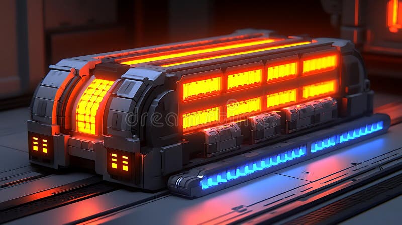 En futuristisk smart fabrik med avancerade robotrustningsprodukter på ett högteknologiskt transportband belyst med blå neon royaltyfri fotografi