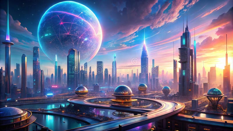 En futuristisk storpolis vid sunset med ett celestial-organ. royaltyfri illustrationer