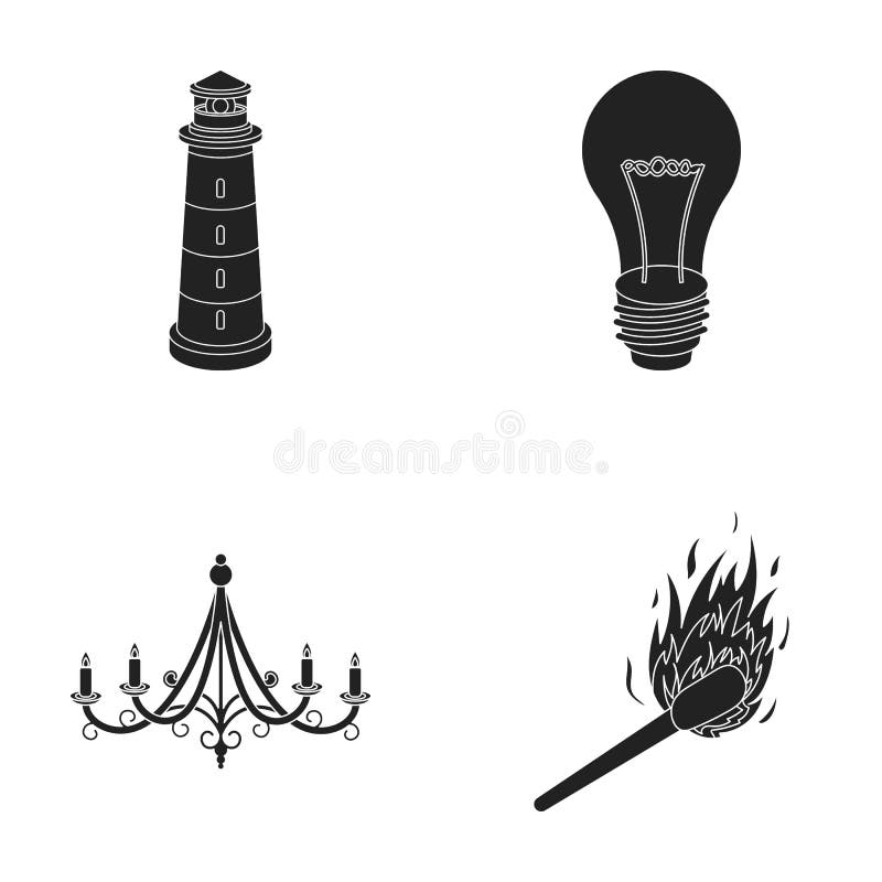 En fyr, en glödande lampa, en ljuskrona med stearinljus, en brinnande match För uppsättningsamling för ljus källa symboler in vektor illustrationer En fyr, en glödande lampa, en ljuskrona med stearinljus, en brinnande match För uppsättningsamling för ljus källa symboler in vektor illustrationer