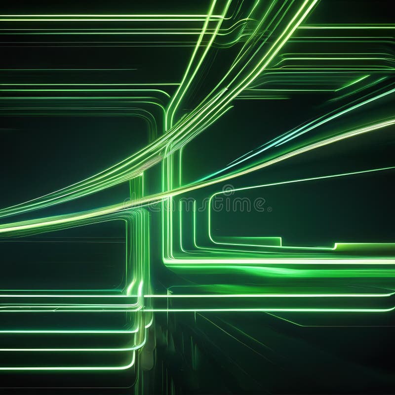 En fängslande 3d-rendering av abstrakta gröna nyonlinjer som dansar dynamiskt på en mörk svart bakgrund och lämnar luminösa spår i royaltyfri illustrationer