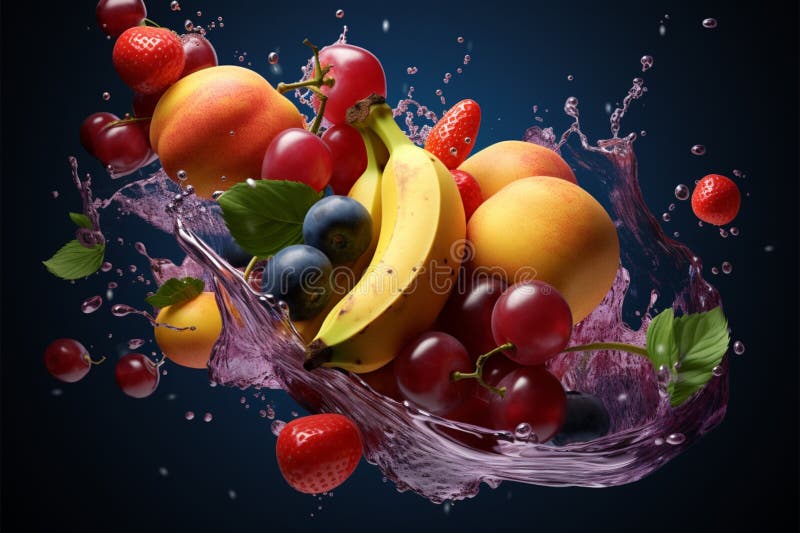 En fängslande 3d-återgivning av frukter i en graciös nedåtriktad rörelse stock illustrationer
