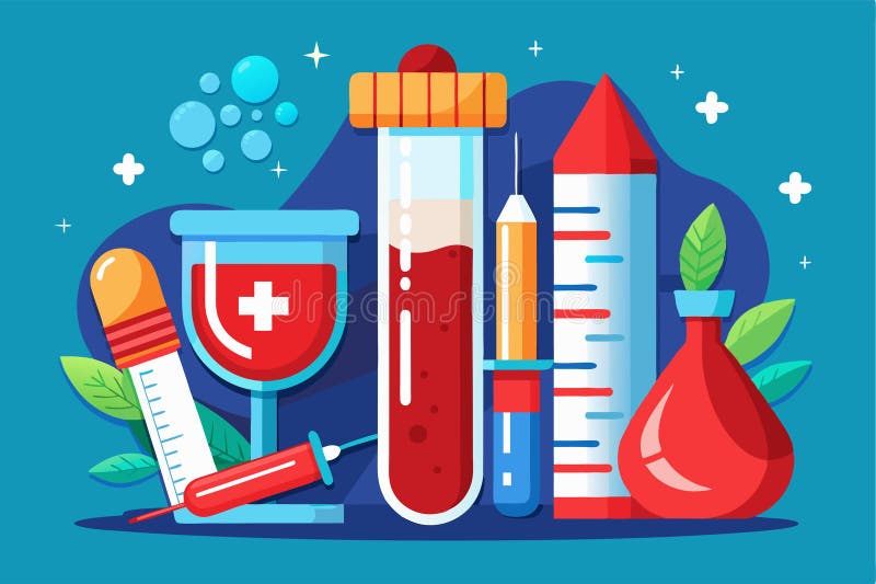 En färgfull illustration visar flera medicinska injektionsflaskor och verktyg som används för anpassningsbara blodprov i ett labb vektor illustrationer