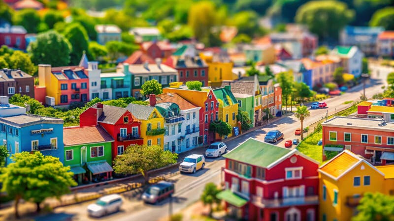 En färgfull miniatyr Cityscape Detaljerad lutningShift-fotografi av en miniatyr i stadsvärlden med starka etiketter royaltyfri illustrationer