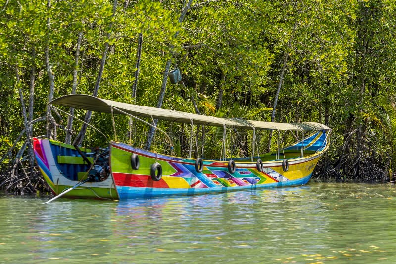 En färglös långrevsbåt som förtöjs i en mangroveträsk nära phang nga Bay thailand