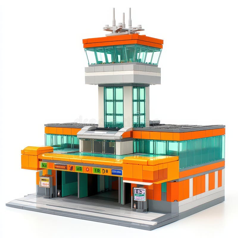 En färgglad LEGO flygplatskontrolltornmodell som visar design och funktionalitet vektor illustrationer