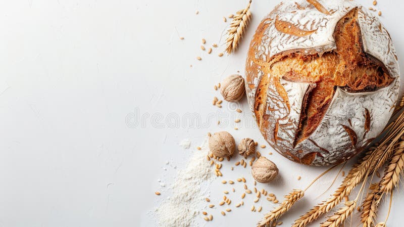 En färsk baklimpa av vete finns på en vit bakgrund omgiven av vetestjälkar och mjöl. ai genererad