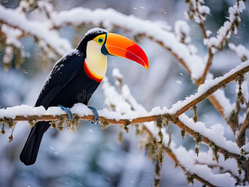 En fågel med stor beak på en förgrening med snö vektor illustrationer