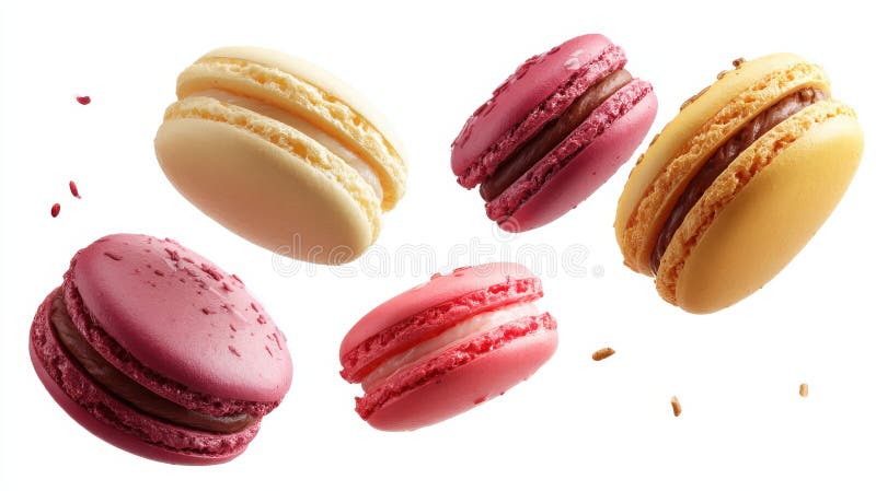 En förbluffande bild av färgstarka olika smaker av makaroner som flyger isolerade på vit bakgrund. Franska royaltyfria bilder